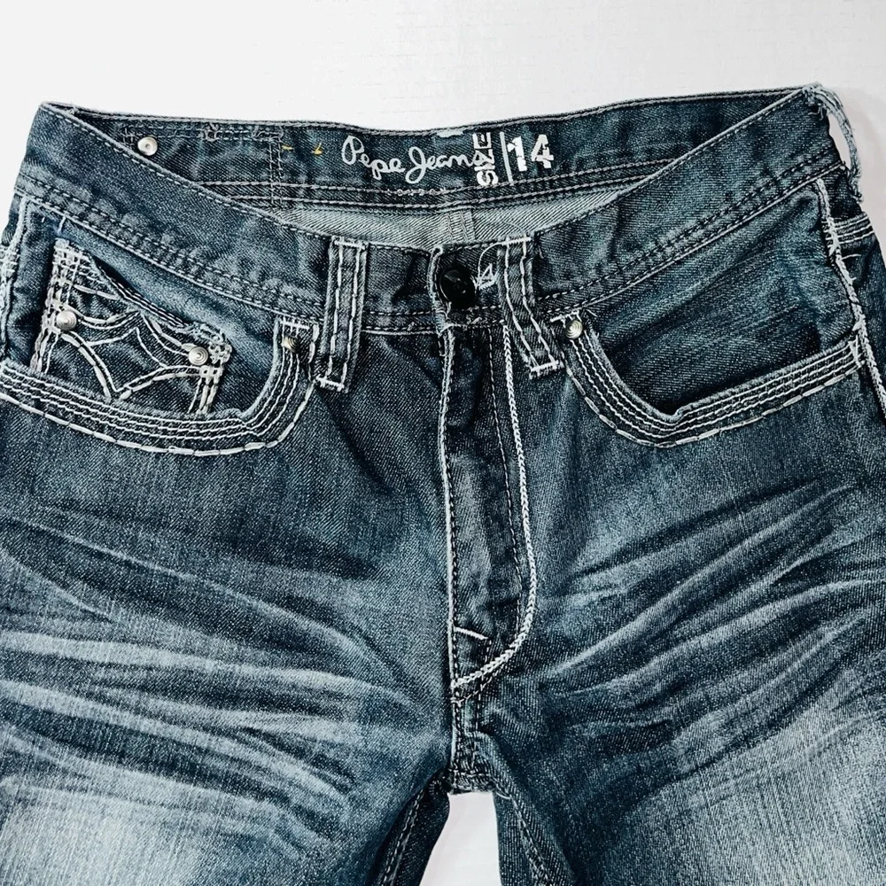 Pepe Jeans Boys Jeans 14 28x28.5 Dark Wash Denim Leather Trim Studded Distressed